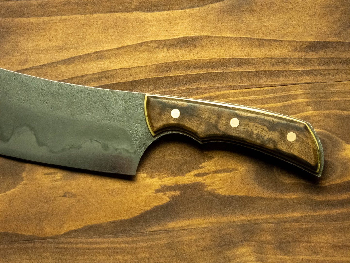 Forged Kitchen Cleaver with Hamon - 26c3 Steel - Walnut & Brass Recessed Handle Scales