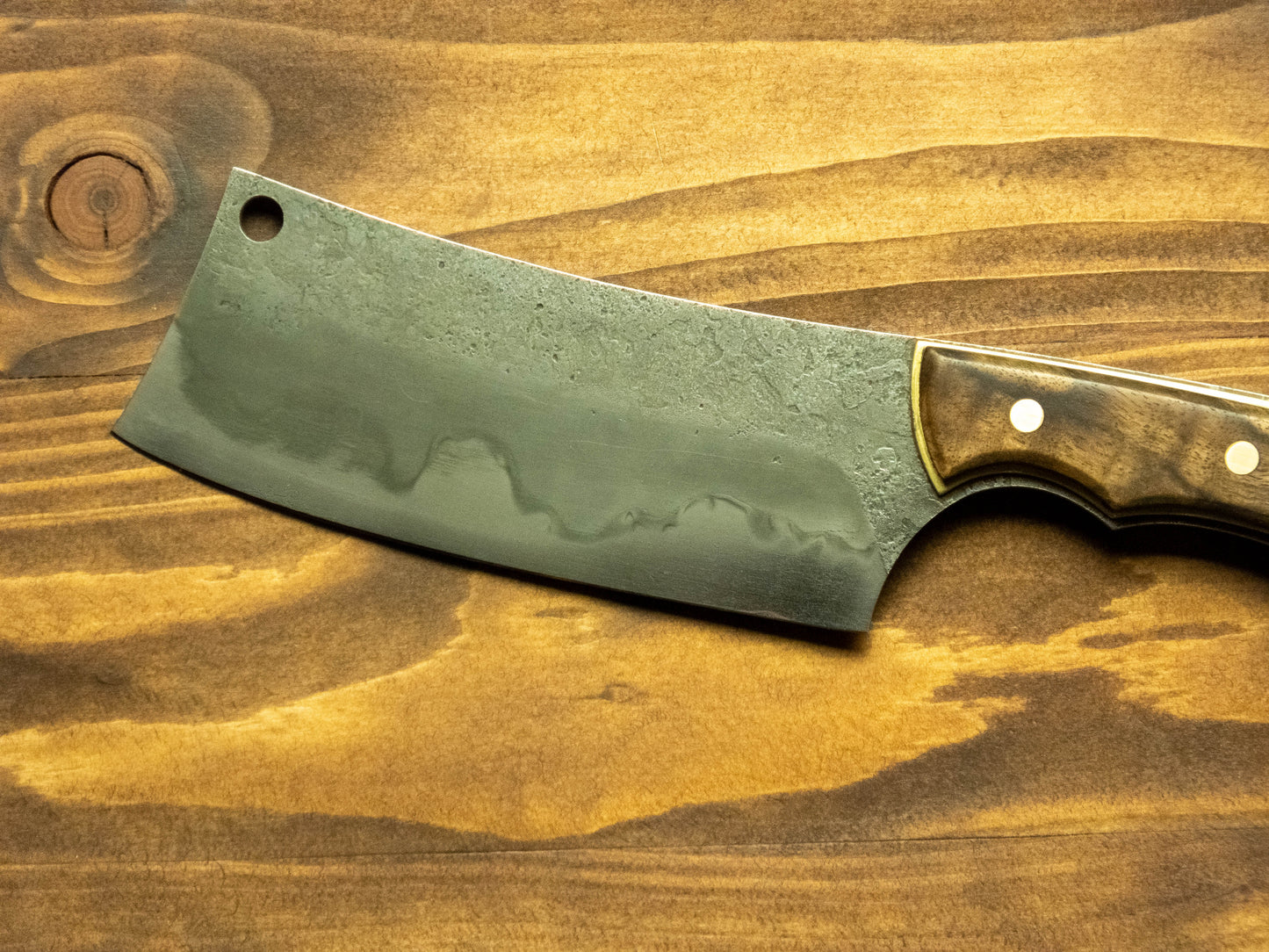 Forged Kitchen Cleaver with Hamon - 26c3 Steel - Walnut & Brass Recessed Handle Scales